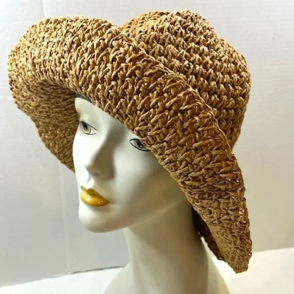 Steve Madden Crocheted Paper Straw Floppy Summer Sun Travel Hat Lightweight - Picture 3 of 15